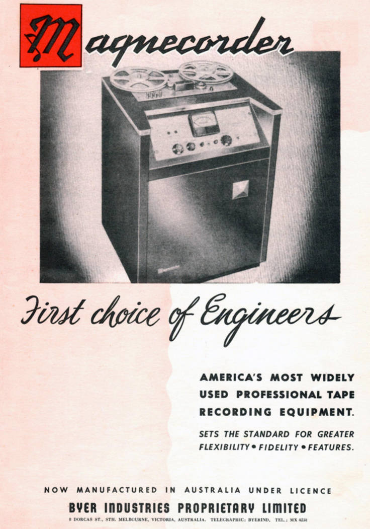 1954  Australian ad for the Magnecord reel to reel tape recorder in the Reel2ReelTexas.com MOMSR vintage reel tape recorder recording collection